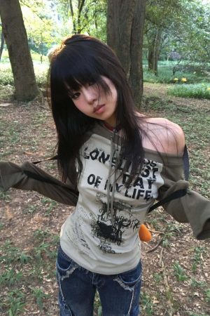 Grunge One Shoulder Drawstring Top