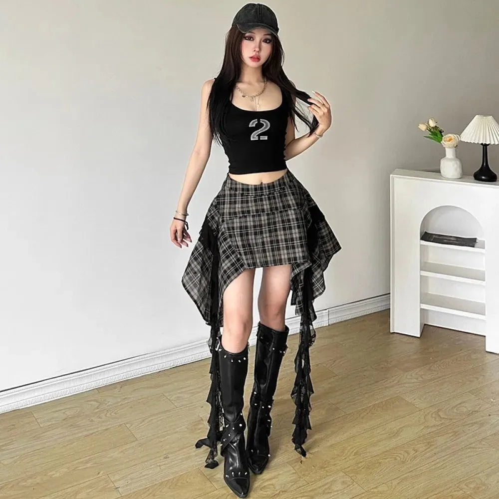 Grunge Plaid Asymmetric Mini Skirt Grunge Plaid Asymmetric Mini Skirt