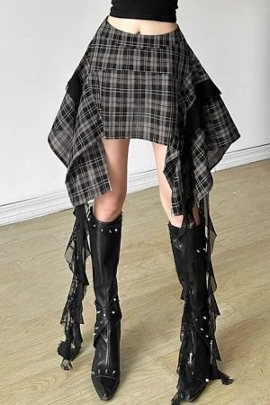 Grunge Plaid Asymmetric Mini Skirt
