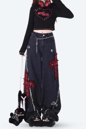 Grunge Plaid Cross Patch Jeans