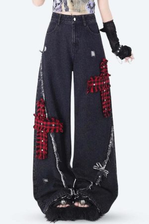 Grunge Plaid Cross Patch Jeans