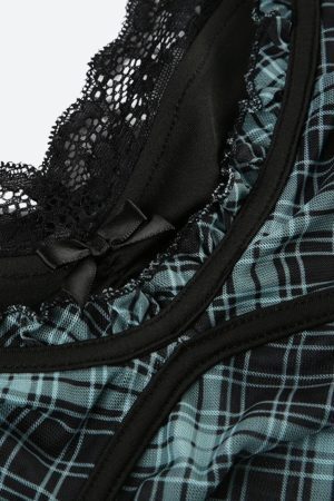 Grunge Plaid Lace Trim Top