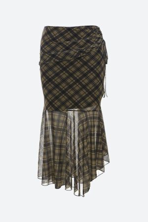 Grunge Plaid Mesh Midi Skirt
