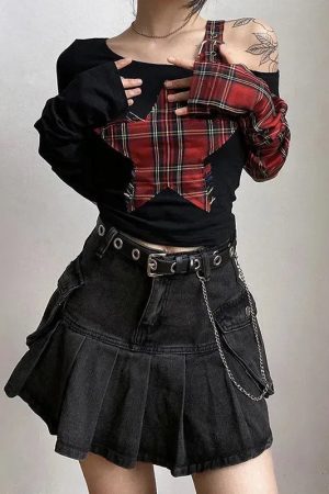 Grunge Plaid Star Patch Top