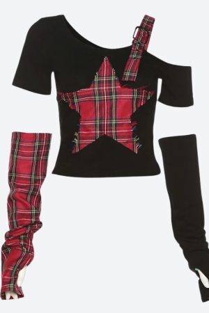 Grunge Plaid Star Patch Top