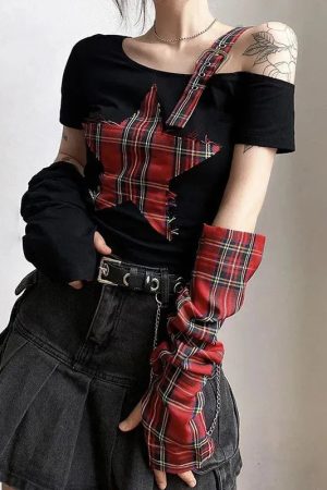 Grunge Plaid Star Patch Top