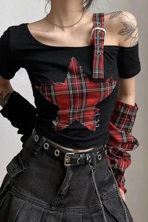 Grunge Plaid Star Patch Top