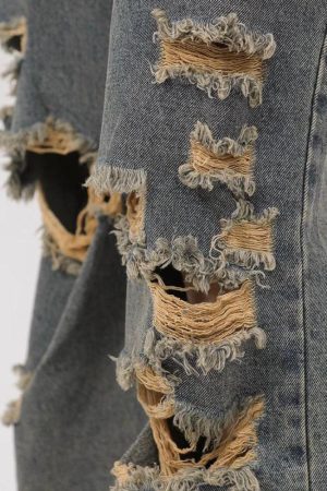 Grunge Ripped Straight Leg Jeans