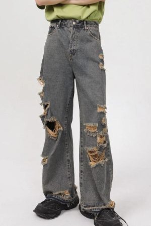 Grunge Ripped Straight Leg Jeans