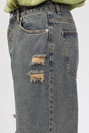 Grunge Ripped Straight Leg Jeans