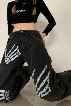Grunge Skeleton Hand Printed Jeans