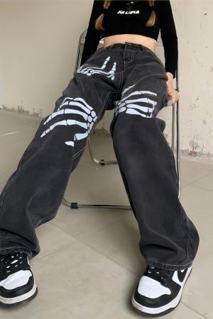 Grunge Skeleton Hand Printed Jeans