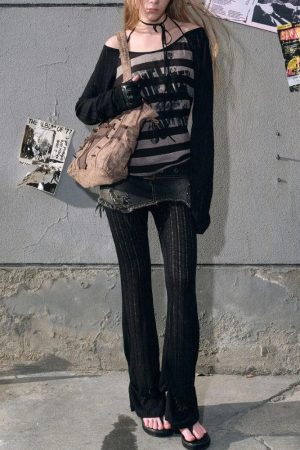 Grunge Striped Off Shoulder Top