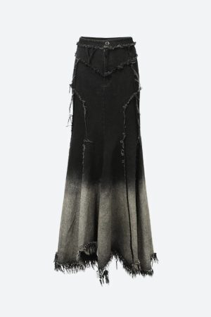 Grunge Tasseled Patch Maxi Skirt