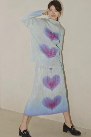 Heart Pleated Top & Midi Skirt Two Piece Set