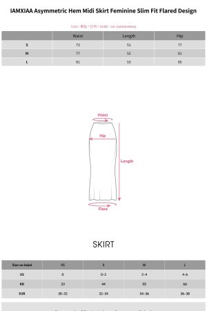 IAMXIAA Asymmetric Hem Midi Skirt Feminine Slim Fit Flared Design