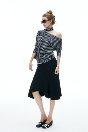 IAMXIAA Asymmetric Hem Midi Skirt Feminine Slim Fit Flared Design