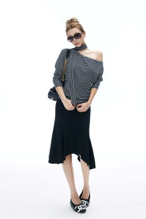 IAMXIAA Asymmetric Hem Midi Skirt Feminine Slim Fit Flared Design