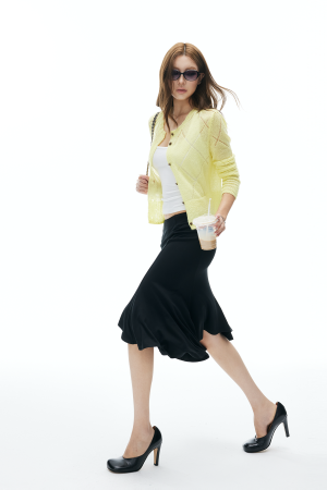 IAMXIAA Asymmetric Hem Midi Skirt Feminine Slim Fit Flared Design