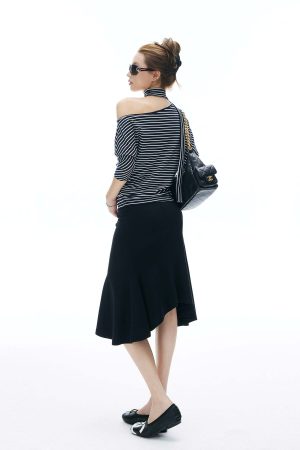 IAMXIAA Asymmetric Hem Midi Skirt Feminine Slim Fit Flared Design