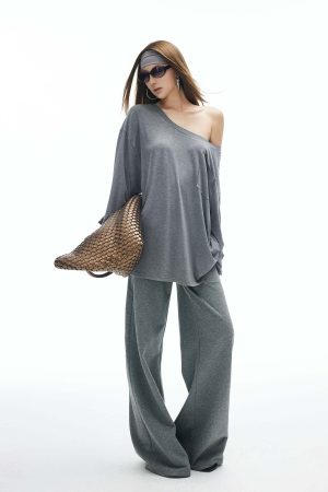 IAMXIAA Asymmetric Strap Slouchy Long Sleeve Top Casual Streetwear Pocket Tee