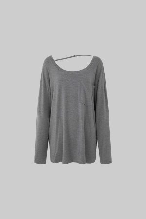 IAMXIAA Asymmetric Strap Slouchy Long Sleeve Top Casual Streetwear Pocket Tee