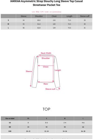 IAMXIAA Asymmetric Strap Slouchy Long Sleeve Top Casual Streetwear Pocket Tee