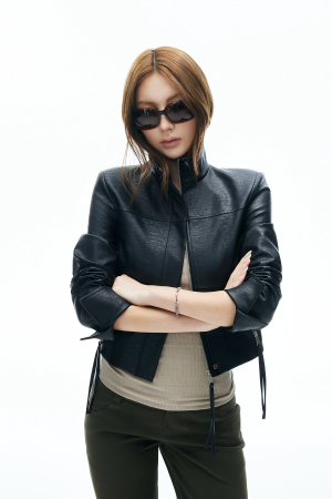 IAMXIAA Cropped Faux Leather Jacket with Zip Detail