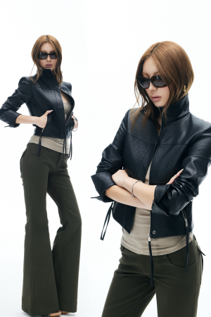 IAMXIAA Cropped Faux Leather Jacket with Zip Detail