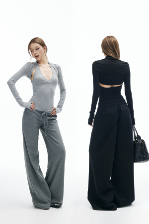 IAMXIAA Cut Out Halter Long Sleeve Shrug Top Ribbed Knit Slim Fit