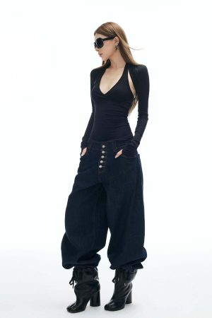 IAMXIAA Cut Out Halter Long Sleeve Shrug Top Ribbed Knit Slim Fit