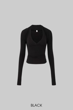 IAMXIAA Cut Out Halter Long Sleeve Shrug Top Ribbed Knit Slim Fit