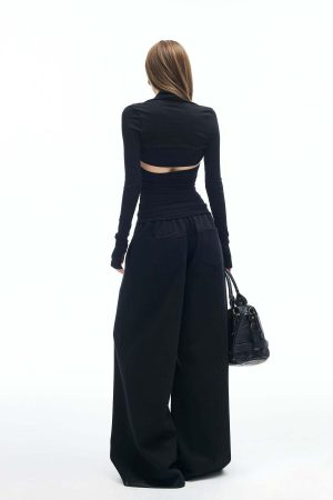 IAMXIAA Cut Out Halter Long Sleeve Shrug Top Ribbed Knit Slim Fit