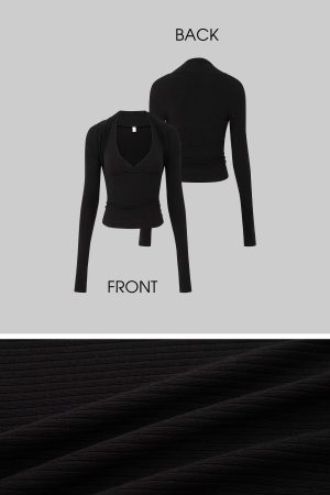 IAMXIAA Cut Out Halter Long Sleeve Shrug Top Ribbed Knit Slim Fit