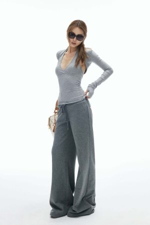 IAMXIAA Cut Out Halter Long Sleeve Shrug Top Ribbed Knit Slim Fit