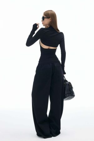 IAMXIAA Cut Out Halter Long Sleeve Shrug Top Ribbed Knit Slim Fit