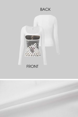 IAMXIAA Cut Out Long Sleeve Top Slim Fit Graphic Print Tee