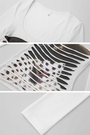 IAMXIAA Cut Out Long Sleeve Top Slim Fit Graphic Print Tee