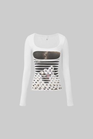 IAMXIAA Cut Out Long Sleeve Top Slim Fit Graphic Print Tee