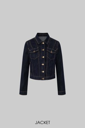 IAMXIAA Denim Jacket and Flared Jeans Set for Women Retro Dark Wash Two Piece Outfit