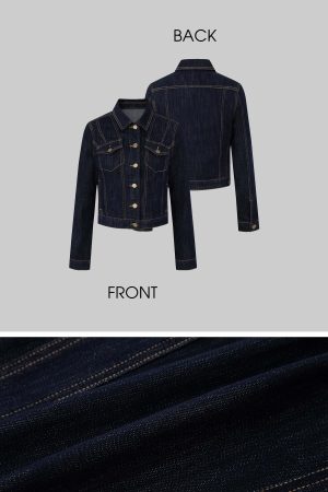 IAMXIAA Denim Jacket and Flared Jeans Set for Women Retro Dark Wash Two Piece Outfit