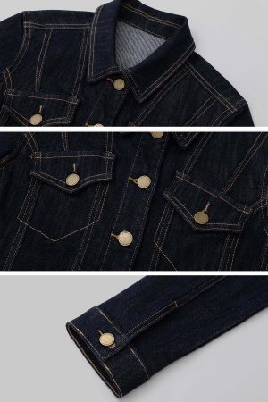 IAMXIAA Denim Jacket and Flared Jeans Set for Women Retro Dark Wash Two Piece Outfit