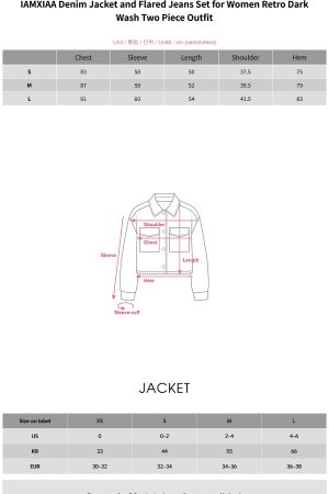 IAMXIAA Denim Jacket and Flared Jeans Set for Women Retro Dark Wash Two Piece Outfit