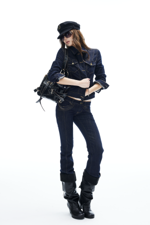 IAMXIAA Denim Jacket and Flared Jeans Set for Women Retro Dark Wash Two Piece Outfit