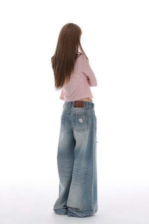 IAMXIAA Distressed Baggy Denim Jeans Low Waist Wide Leg Street Style Vintage Wash