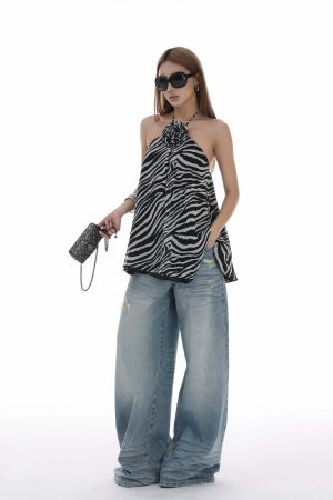 IAMXIAA Distressed Baggy Denim Jeans Low Waist Wide Leg Street Style Vintage Wash