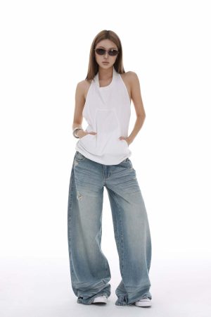 IAMXIAA Distressed Baggy Denim Jeans Low Waist Wide Leg Street Style Vintage Wash