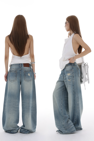 IAMXIAA Distressed Baggy Denim Jeans Low Waist Wide Leg Street Style Vintage Wash