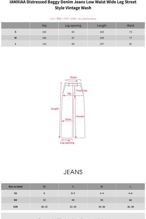 IAMXIAA Distressed Baggy Denim Jeans Low Waist Wide Leg Street Style Vintage Wash