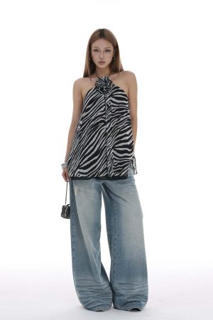 IAMXIAA Distressed Baggy Denim Jeans Low Waist Wide Leg Street Style Vintage Wash